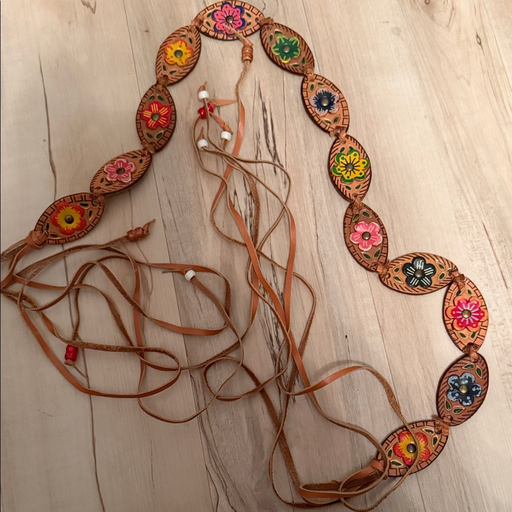 1960’s Hippie Floral Tooled Leather Tie Belt - Multicolor Flowers